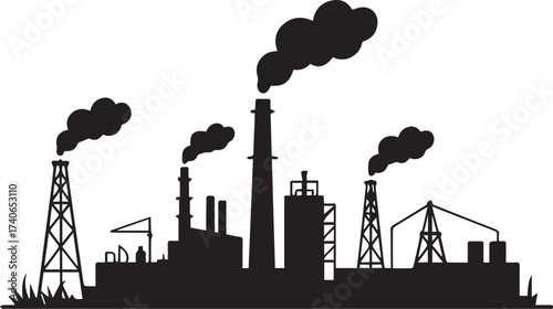 Two factory silhouettes with smoke and sun