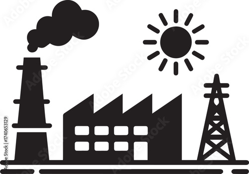 Industrial factory silhouette with smoke from chimney