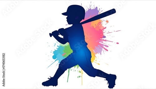 Silhouette of a young baseball player in action