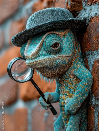 Wallpaper Mural A blue chameleon wearing a hat holds a magnifying glass near a brick wall. AI. Torontodigital.ca