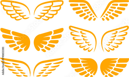 Collection of Six Stylized Golden Wings on a White Background