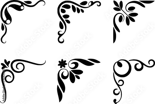 Collection of Six Ornate Black Corner Flourishes and Decorative Elements