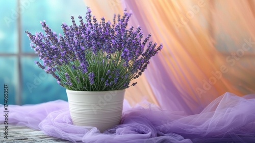 A pot of lavender flowers sits on a table draped with sheer purple fabric. A window is visible in the background. AI.