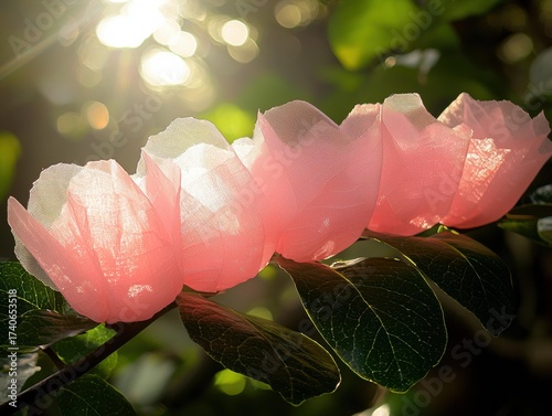 Three pink flowers with a net-like texture are in focus against a blurred background of green leaves and sunlight. AI.