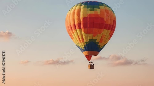 A colorful hot air balloon floating in a soft, hazy sky with clouds