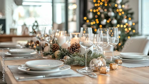 Elegant holiday dinner setting with table decoration and glowing Christmas tree in a stylish dining room