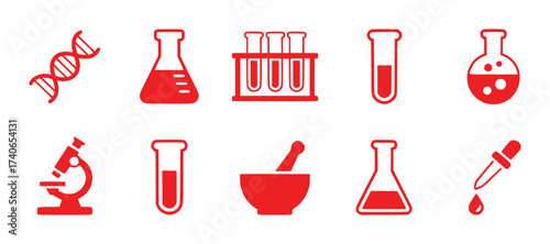 Red Science and Laboratory Icons DNA, Microscope, Beakers, Test Tubes, and Dropper