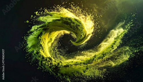 Dynamic Green Swirl: An abstract composition of vibrant green powder forming a swirling vortex against a dark backdrop. This eye-catching visual represents energy and motion