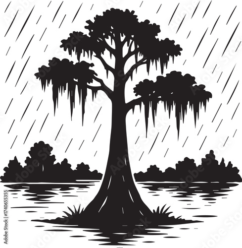Hand-drawn Cypress Tree in Wetland, forest silhouette, rainy mood, wild nature, black tree clipart, vector illustration, natural habitat, wilderness background, scenic environment