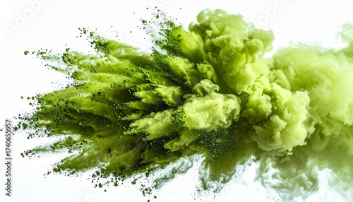 Dynamic Green Explosion: A vibrant cloud of green powder erupts in a captivating display, showcasing dynamic movement and a spectrum of textures. A visual delight.