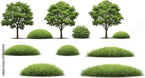 Green trees, lush bushes, grassy mounds, natural vegetation, landscape elements, eco design, forest plants, garden shrubs, foliage, outdoor greenery