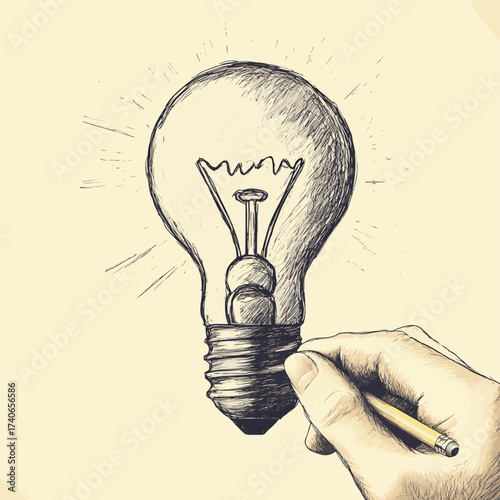 a hand with pencil drawing a sketch of 3d light bulb on a paper , vector style simple color