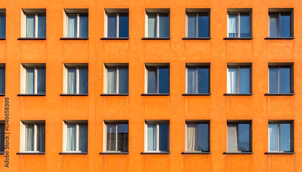 Obraz premium Orange Building Facade with Rows of Windows in Geometric Pattern.