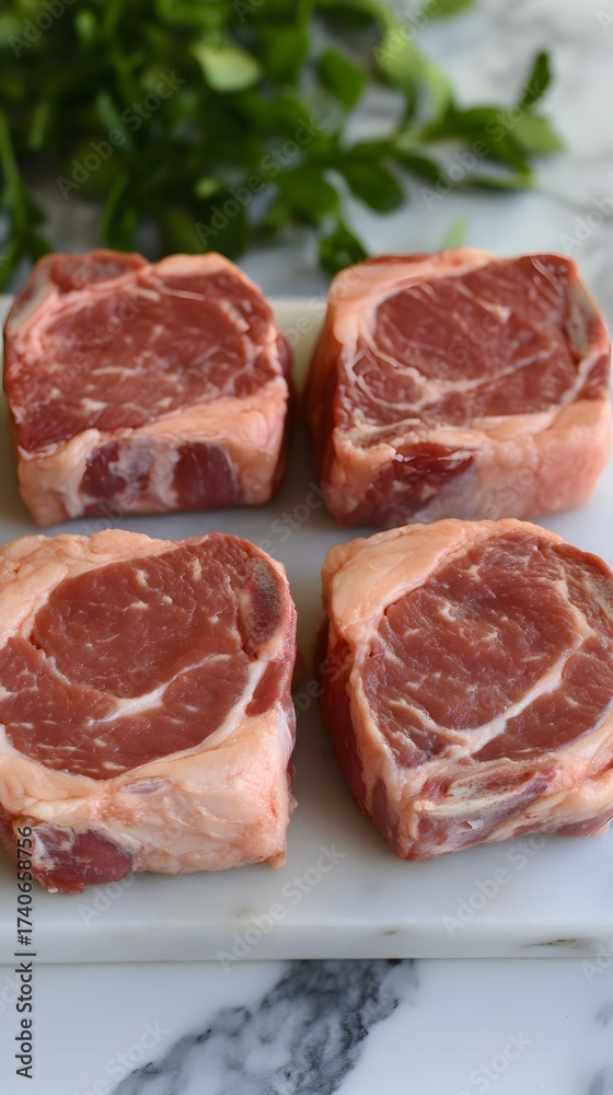 Fototapeta premium Close up of fresh raw beef steaks on marble with parsley garnish