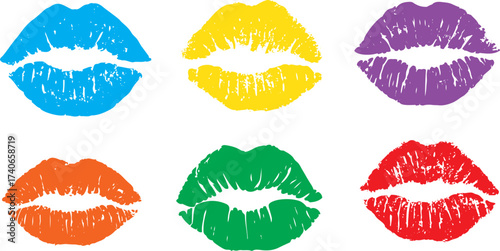 Six colorful lipstick kiss prints on a white background