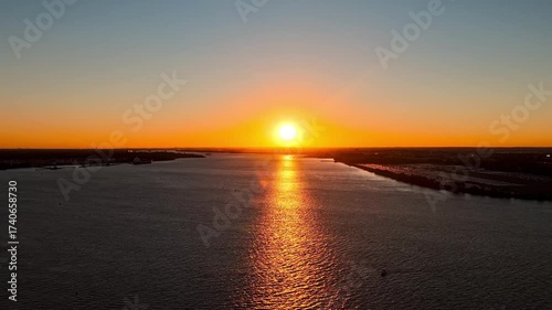 Aerial View of a Fire Sky Sunset over Delaware River
