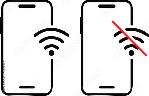 WIFI with  smart phone icon. no wifi signal connection error smart phone icon. Disconnect wifi icon set. Lost wireless fidelity connection, no Wi-Fi connection sign symbol. No wifi forbidden sign.
