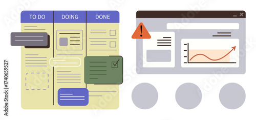Kanban board tracking task progress paired with analytics dashboard displaying performance data and alert. Ideal for productivity, organization, project management, process tracking, data analysis
