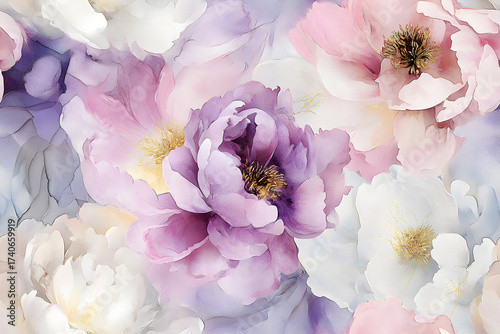 Lush Peony Blooms in a Gentle, Impressionistic Style, Seamless Wallpaper or Card