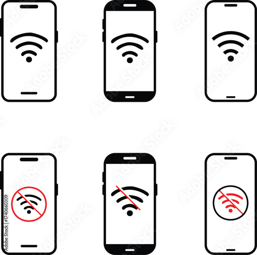 WIFI with  smart phone icon. no wifi signal connection error smart phone icon. Disconnect wifi icon set. Lost wireless fidelity connection, no Wi-Fi connection sign symbol. No wifi forbidden sign.
