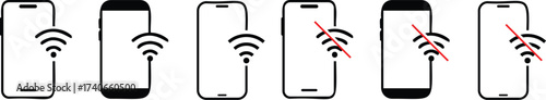 WIFI with  smart phone icon. no wifi signal connection error smart phone icon. Disconnect wifi icon set. Lost wireless fidelity connection, no Wi-Fi connection sign symbol. No wifi forbidden sign.
