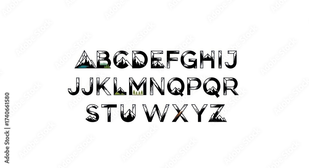 Obraz premium Alphabet letters with mountain scenery inside, silhouetted and stylized on a white background