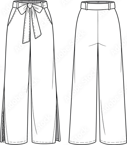 Front and back flat sketch of wide leg high waist pants with tie belt, fashion technical cad vector for garment design