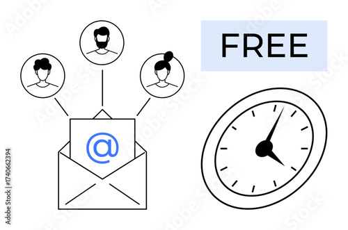 Open envelope with symbol, user icons connected as network, clock indicating time, FREE label. Ideal for digital communication, teamwork, email marketing, productivity, collaboration scheduling
