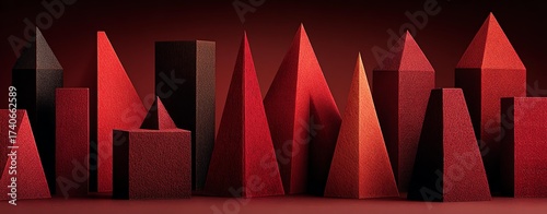 An artistic composition featuring red geometric shapes displayed on a dark background, creating a modern and striking visual. Perfect for creative projects and digital design.