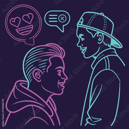 Line Art Illustration Two Young Men Chatting Love and Cancelled Concepts with Retro Neon Colors and a Dark Blue Background