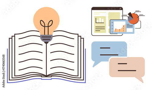 Open book with shining bulb emphasizes learning. Charts on screens suggest data, analysis, problem-solving. Speech bubbles convey dialogue, exchange of ideas. Ideal for education, creativity
