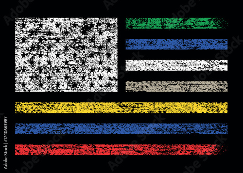 First Responder American Flag With Awareness Colors In Stars And Stripes. corrections, dispatchers, firefighters, emergency medical services, law enforcement, and military.	
