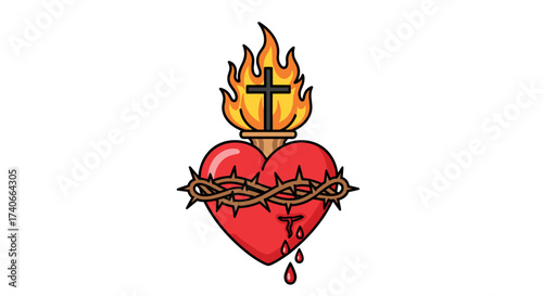 Sacred Heart Symbol: Depicting faith and devotion, the image showcases the symbolic representation of the Sacred Heart, featuring a heart entwined with a crown of thorns, a cross, and flames.