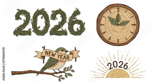 New Year Greeting: Symbolism for the New Year, including the year 2026 crafted from vines, a unique clock face made from a tree cross-section, a bird announcing the new year with a banner.
