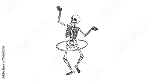 Dancing Skeleton Illustration: A skeletal figure, animated and lively, dances with a hula hoop, showcasing a playful depiction of the human form.