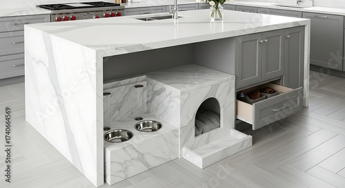 Modern kitchen island with an integrated pet station, featuring sleek design, food and water bowls, and a cozy resting nook for pets, enhancing home functionality