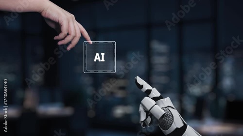 A robotic hand interacts with a high-tech touchscreen displaying AI features, emphasizing the fusion of technology and business in a modern workspace environment. Synapse