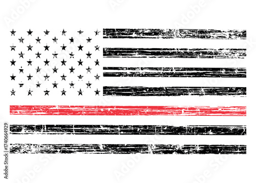 Fire Fighter's Thin Red Line Flag, Distressed American Firefighter Support Flag.