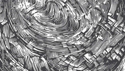 A bold, monochrome abstract pattern of swirling lines and jagged shapes. Great as a background or texture for graphic designs, art prints, or editorial layouts seeking drama and movement.