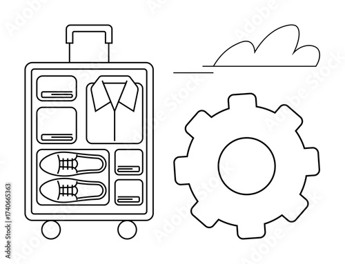 Packed suitcase with clothing, shoes in compartments alongside a gear representing planning and optimization. Ideal for travel organization, productivity, planning, efficiency, preparation