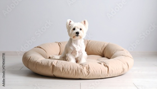 Small white dog in a beige dog bed