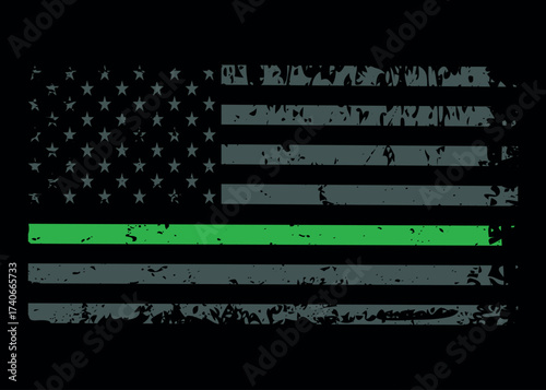 American Distressed Flag With Thin Green Line. It is a symbol of supporting for federal law enforcement agents.