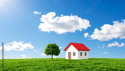 Small white house on grassy hill, sunny day