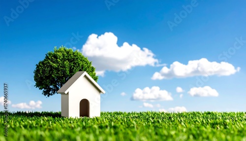 Small white house with a tree, bright sky