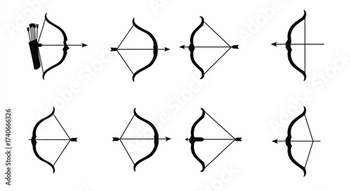 Black and white illustration depicting multiple archery bows and arrows