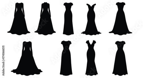 Silhouettes of elegant evening gowns and dresses in black and white