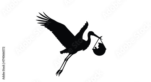 Silhouette of a stork carrying a baby in a basket black and white