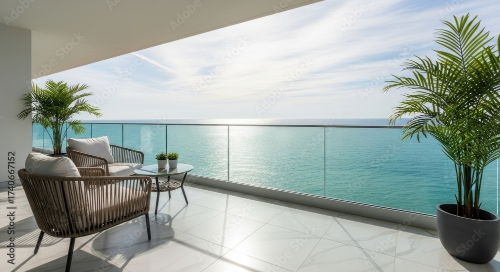 Fototapeta premium Sunny balcony with seating, plants, and vast ocean view