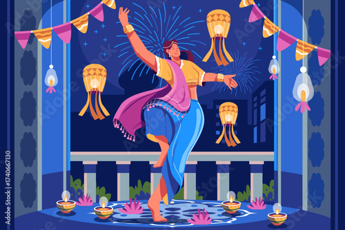 Vector illustration of an Indian woman dancing during the Diwali festival, surrounded by lanterns, diyas, fireworks, and festive decorations. Perfect for celebrating the Festival of Lights