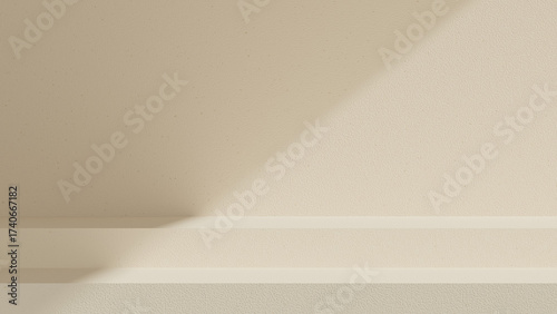 Simple empty podium scene with beige wall and diagonal sunlight shadow. Perfect for product placement, advertising design, and minimalist presentation mockups.